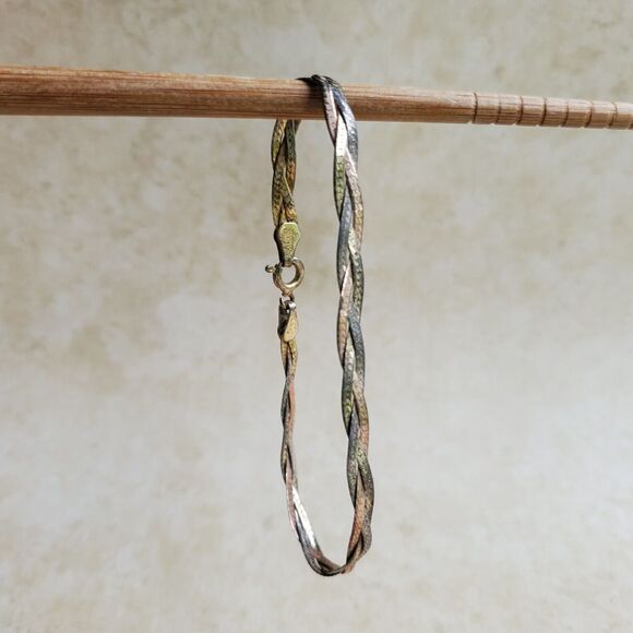 Tri Tone Bracelet Braided Herringbone Weave 925 Italy FMC 7" Gift - Picture 3 of 9